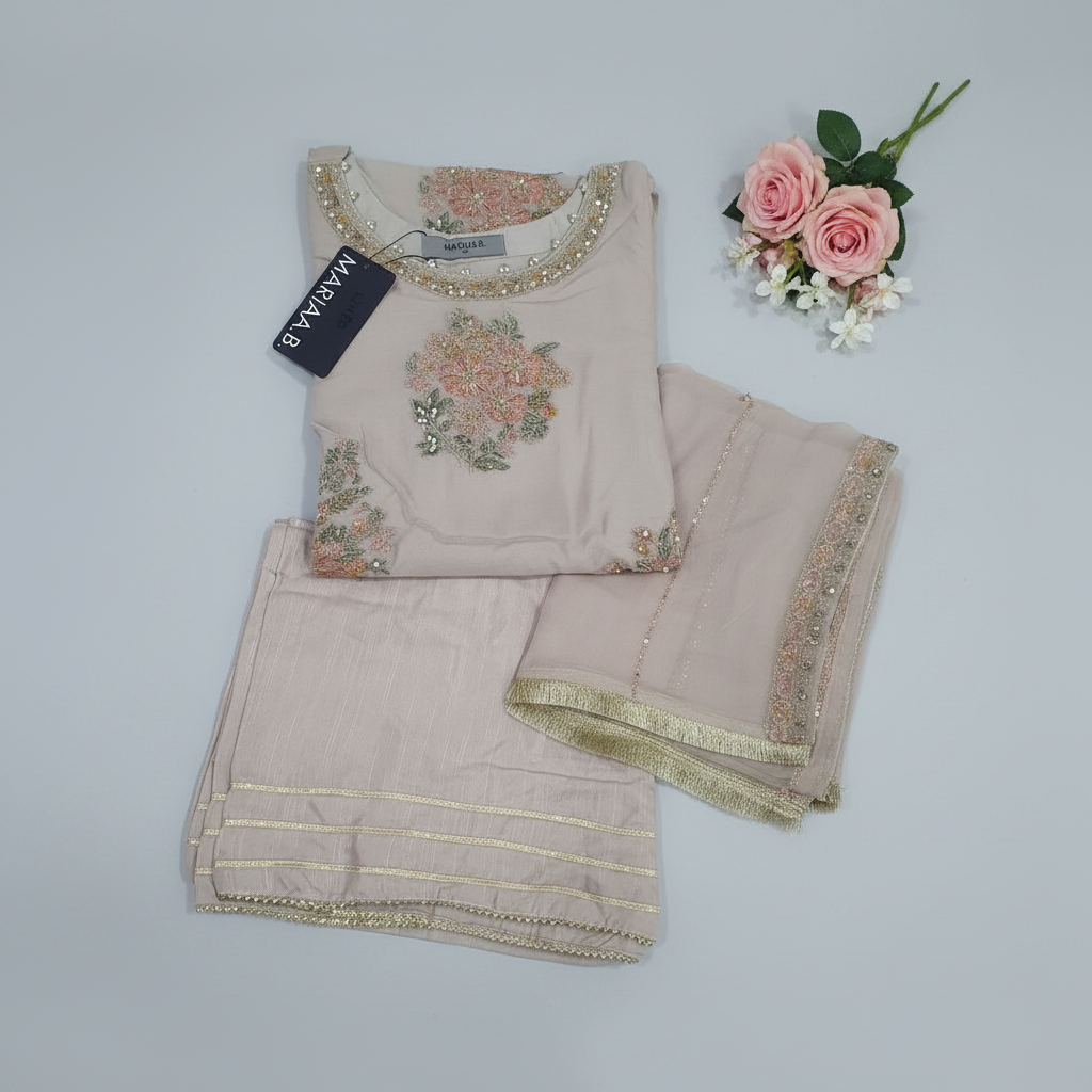 Maria B Inspired Beige Embroidered Chiffon Suit – Stitched 3pc-RW3-124