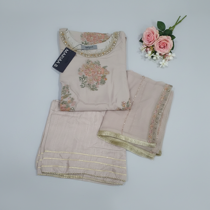 Maria B Inspired Beige Embroidered Chiffon Suit – Stitched 3pc-RW3-124