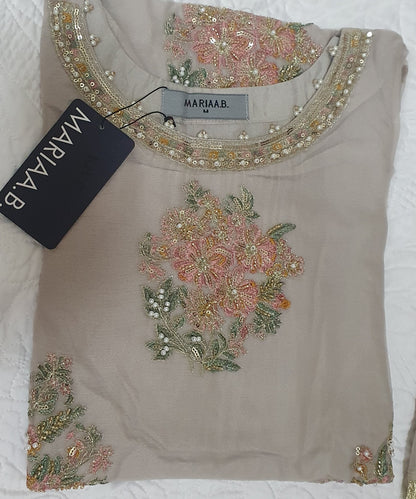 Maria B Inspired Beige Embroidered Chiffon Suit – Stitched 3pc-RW3-124