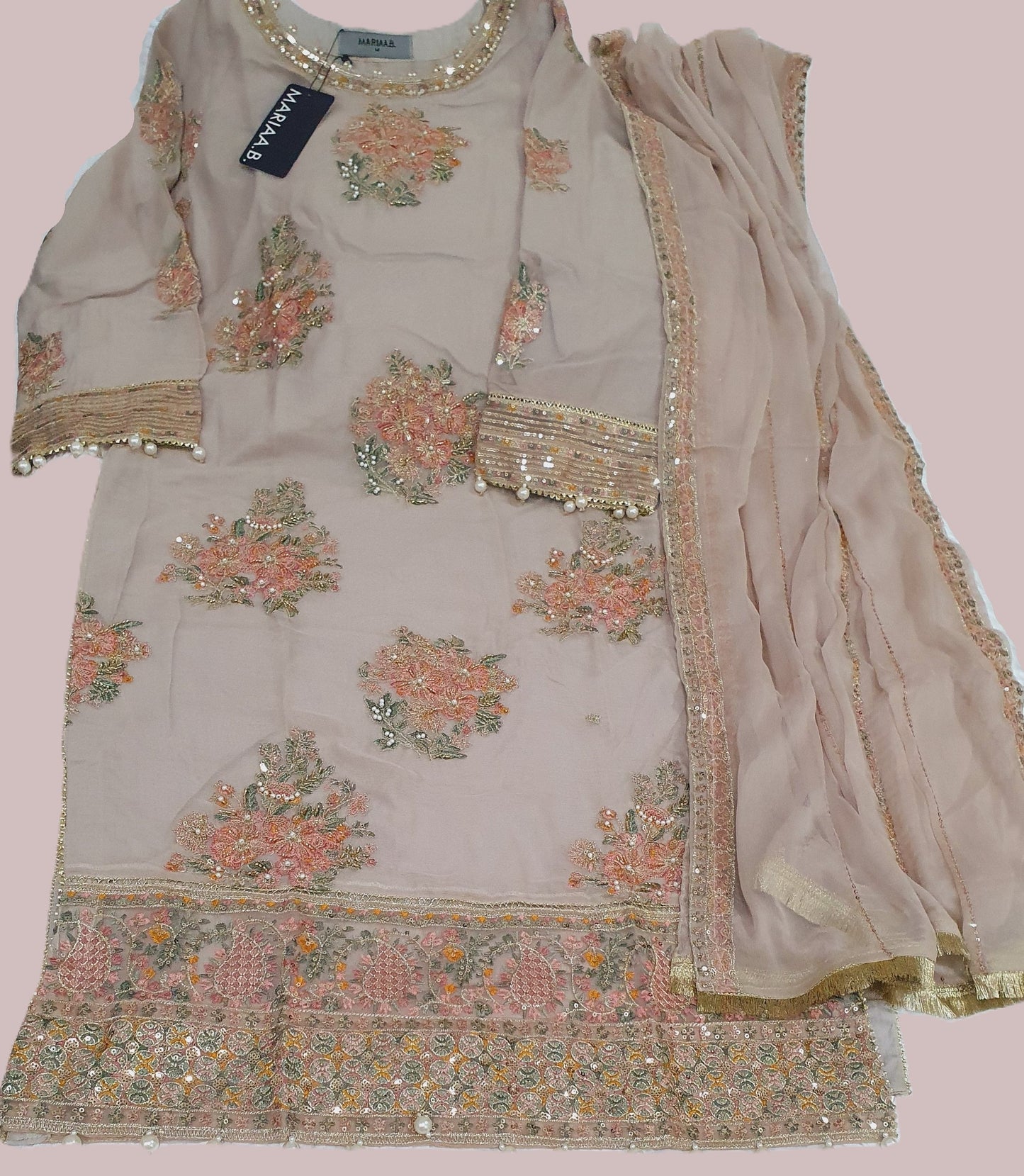 Maria B Inspired Beige Embroidered Chiffon Suit – Stitched 3pc-RW3-124
