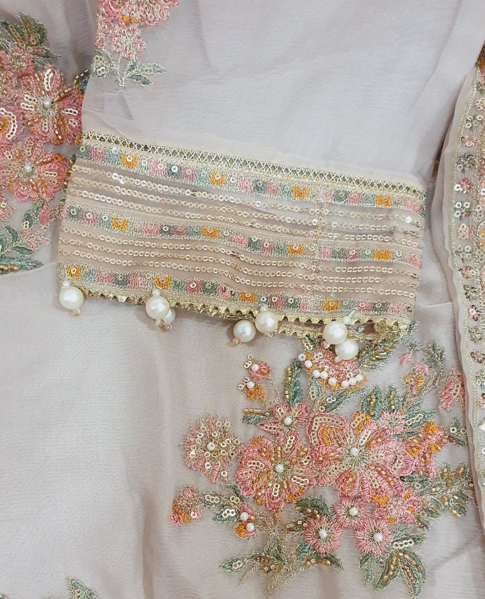 Maria B Inspired Beige Embroidered Chiffon Suit – Stitched 3pc-RW3-124