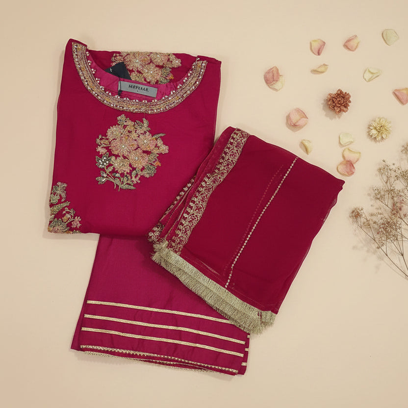 Maria B Inspired Pink Embroidered Chiffon Suit – Stitched 3pc-RW3-126
