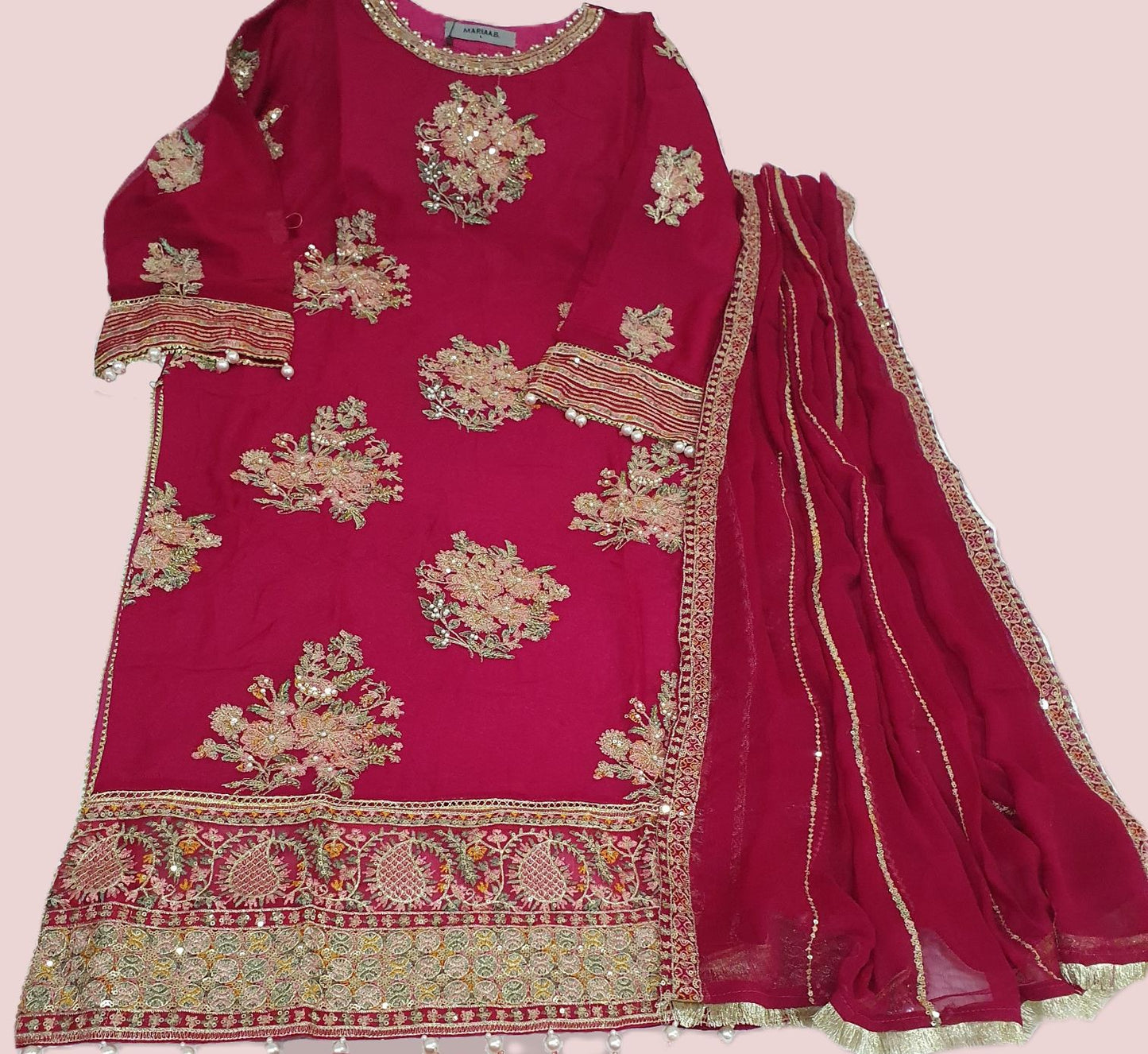 Maria B Inspired Pink Embroidered Chiffon Suit – Stitched 3pc-RW3-126