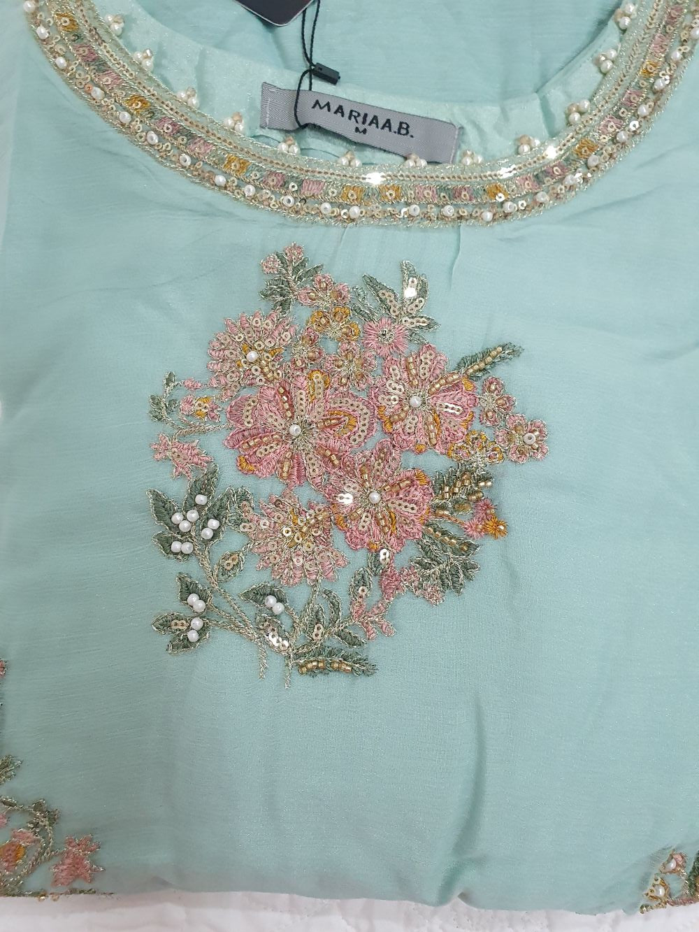 Maria B Inspired Aqua Embroidered Chiffon Suit – Stitched 3pc-RW3-125