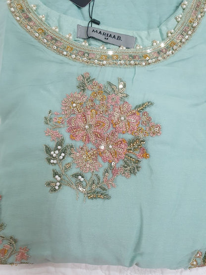 Maria B Inspired Aqua Embroidered Chiffon Suit – Stitched 3pc-RW3-125