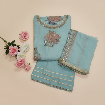 Maria B Inspired Aqua Embroidered Chiffon Suit – Stitched 3pc-RW3-125