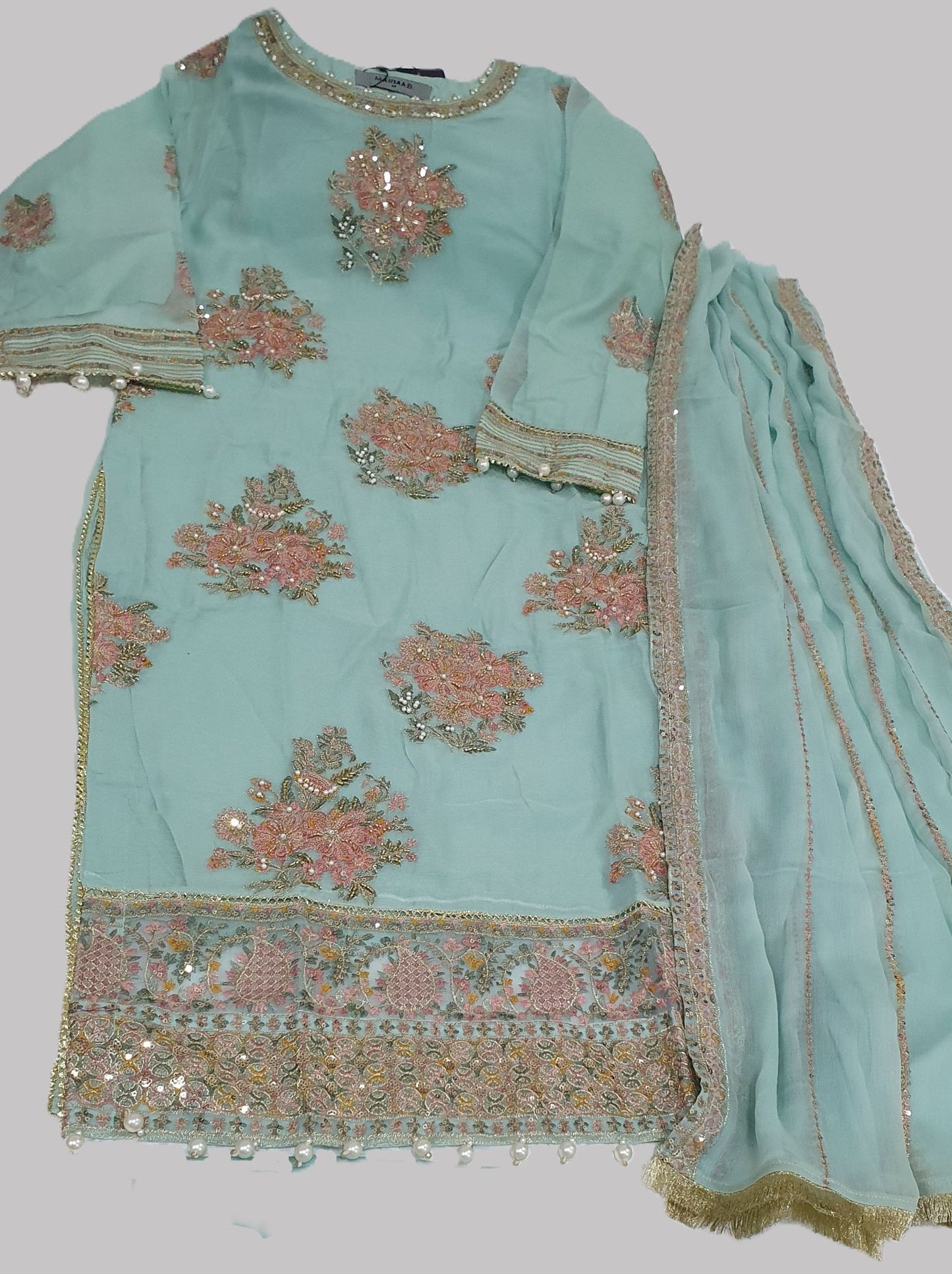 Maria B Inspired Aqua Embroidered Chiffon Suit – Stitched 3pc-RW3-125