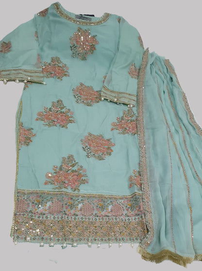 Maria B Inspired Aqua Embroidered Chiffon Suit – Stitched 3pc-RW3-125