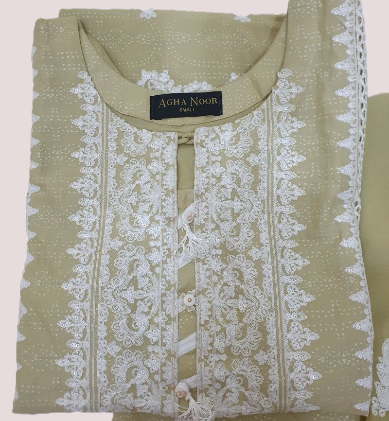 Agha Noor Inspired Olive Green Embroidered Cotton Lawn Suit – Stitched 3pc-RW3-128