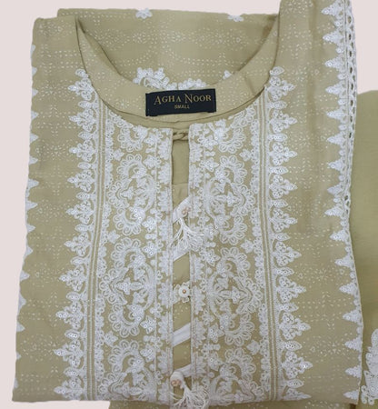 Agha Noor Inspired Olive Green Embroidered Cotton Lawn Suit – Stitched 3pc-RW3-128