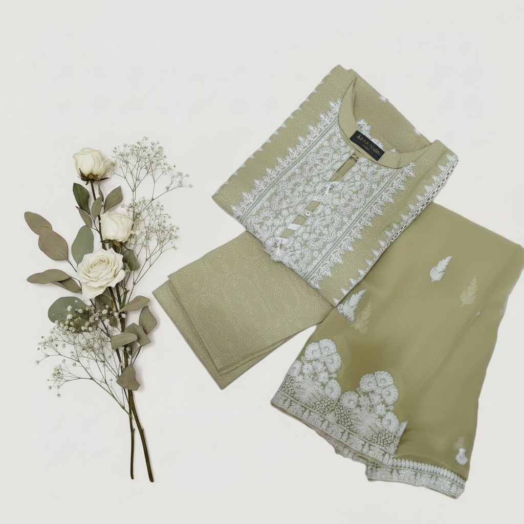 Agha Noor Inspired Olive Green Embroidered Cotton Lawn Suit – Stitched 3pc-RW3-128