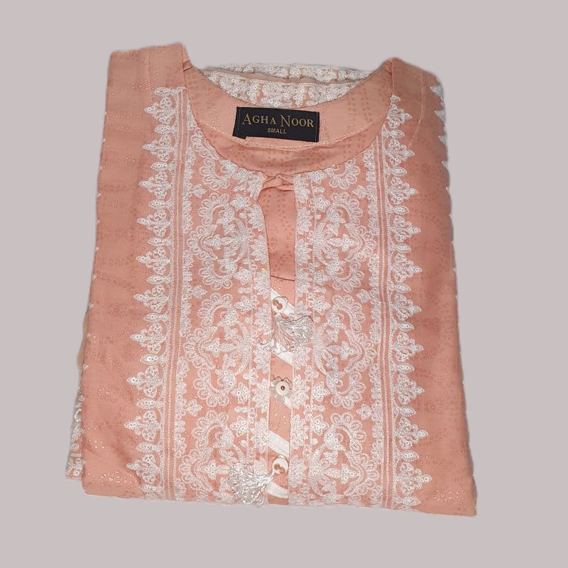 Agha Noor Inspired Peach Embroidered Cotton Lawn Suit – Stitched 3pc-RW3-127