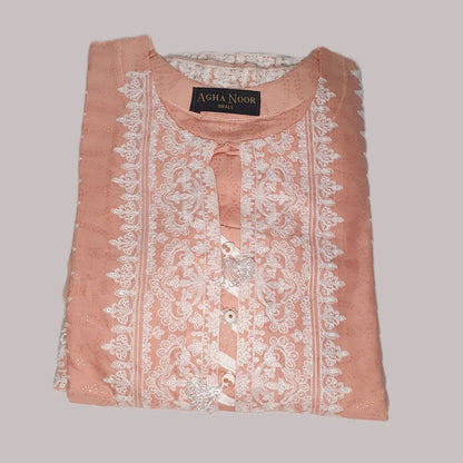 Agha Noor Inspired Peach Embroidered Cotton Lawn Suit – Stitched 3pc-RW3-127
