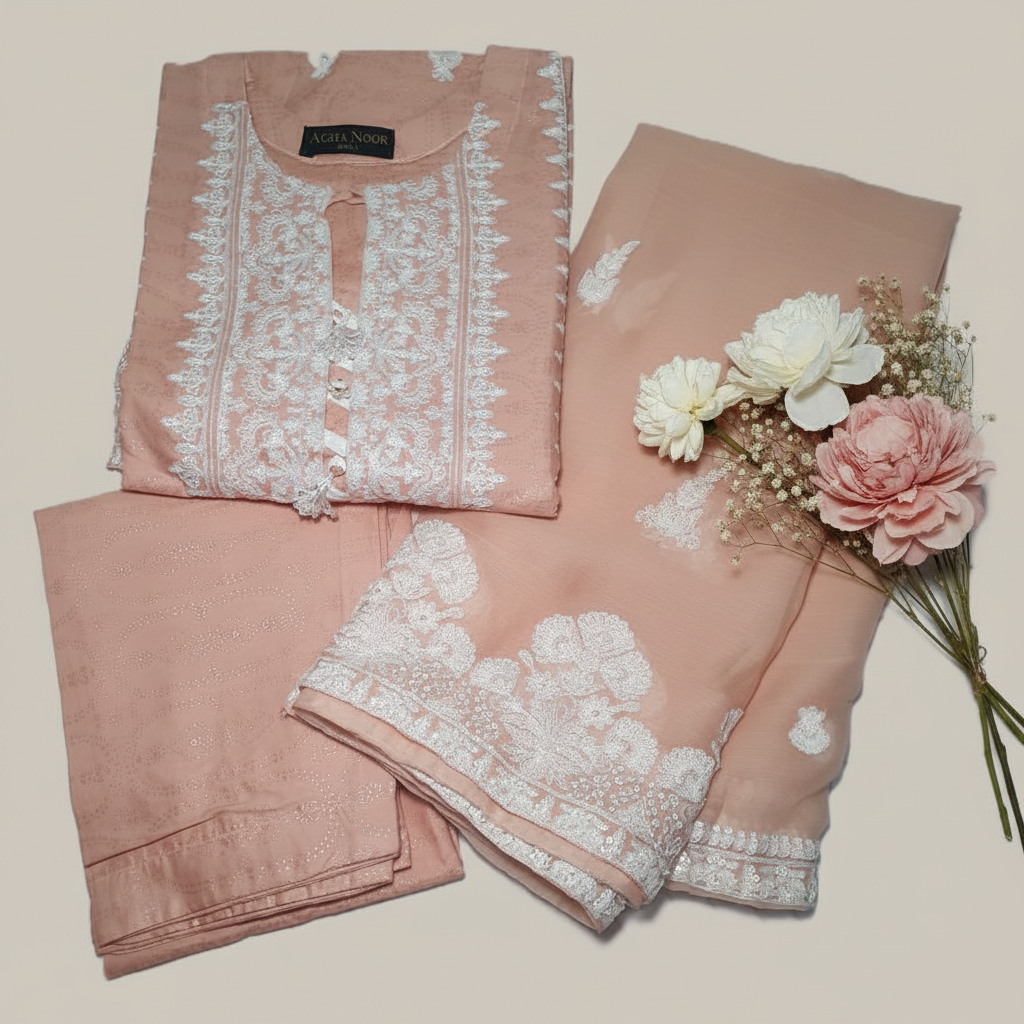 Agha Noor Inspired Peach Embroidered Cotton Lawn Suit – Stitched 3pc-RW3-127