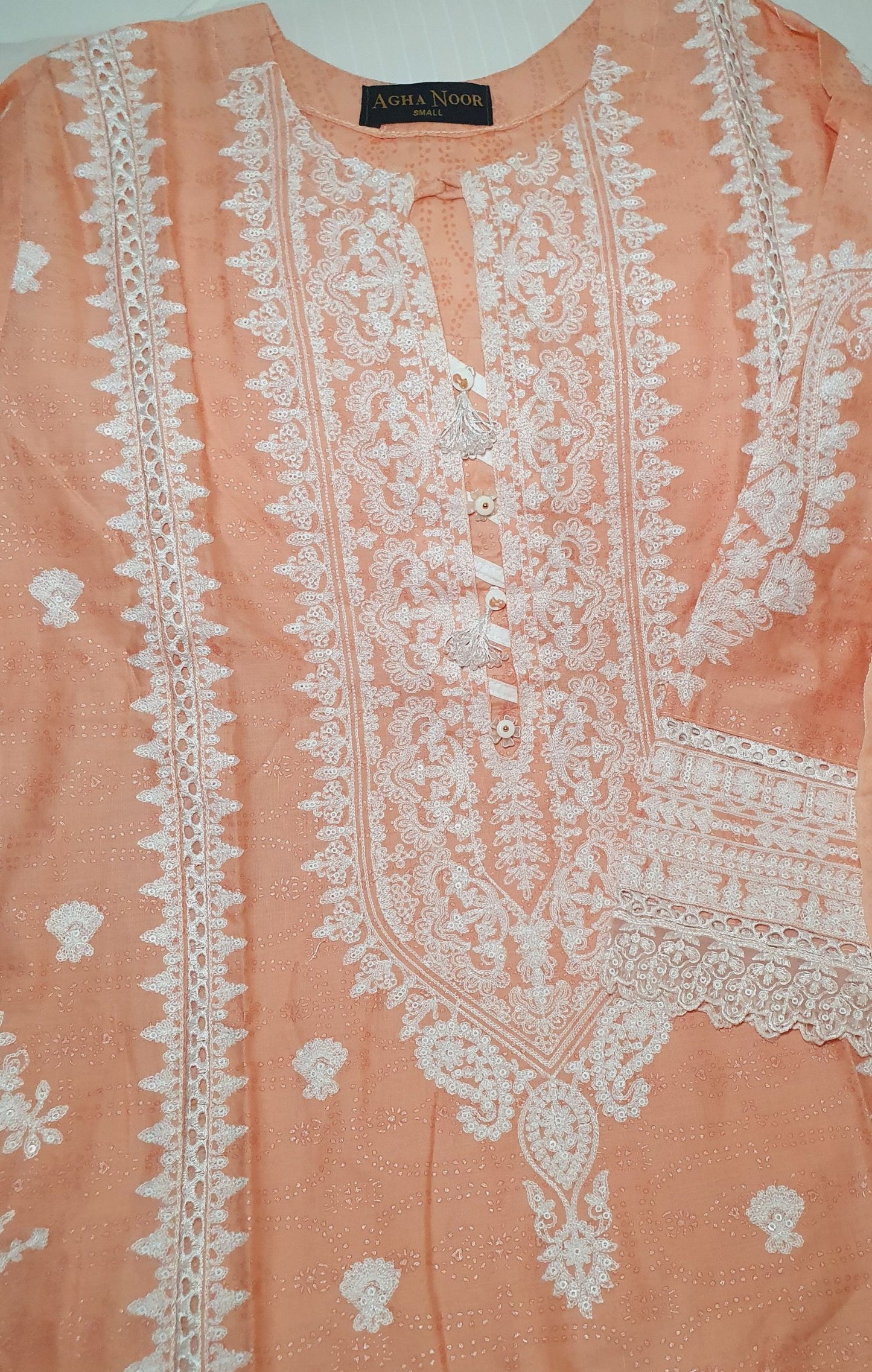 Agha Noor Inspired Peach Embroidered Cotton Lawn Suit – Stitched 3pc-RW3-127
