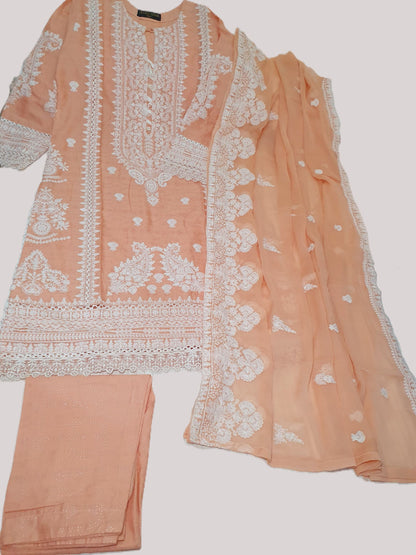 Agha Noor Inspired Peach Embroidered Cotton Lawn Suit – Stitched 3pc-RW3-127