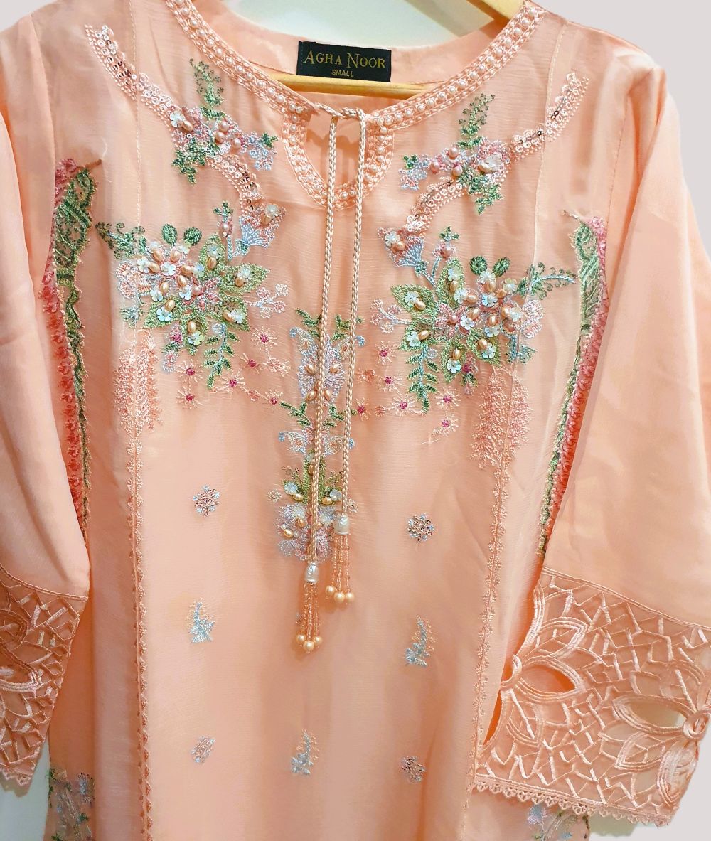 Agha Noor Inspired Peach Embroidered Chiffon Suit – Stitched 3pc-RW3-135