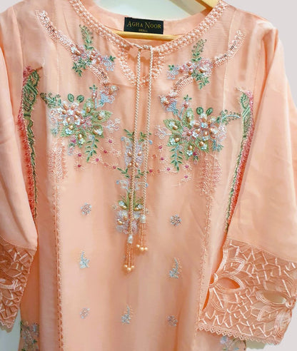 Agha Noor Inspired Peach Embroidered Chiffon Suit – Stitched 3pc-RW3-135