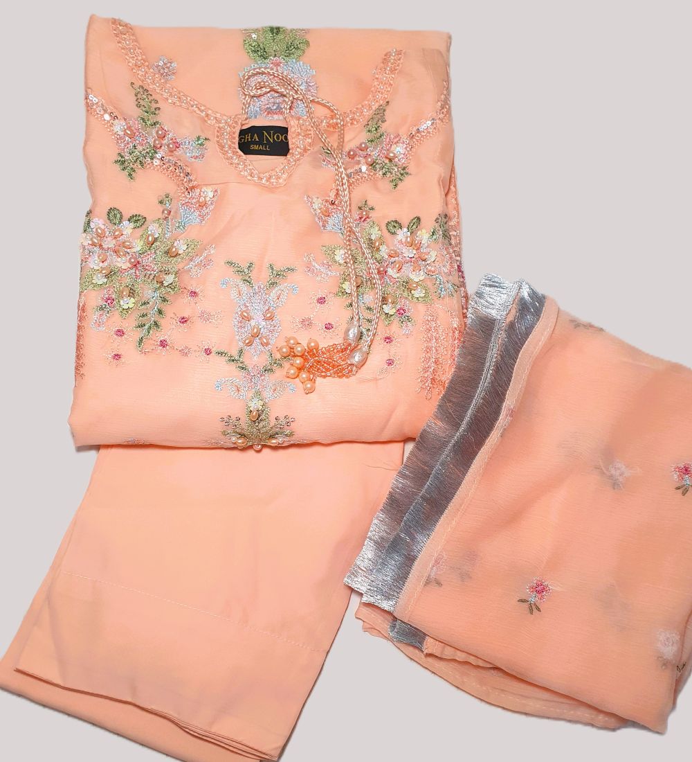 Agha Noor Inspired Peach Embroidered Chiffon Suit – Stitched 3pc-RW3-135