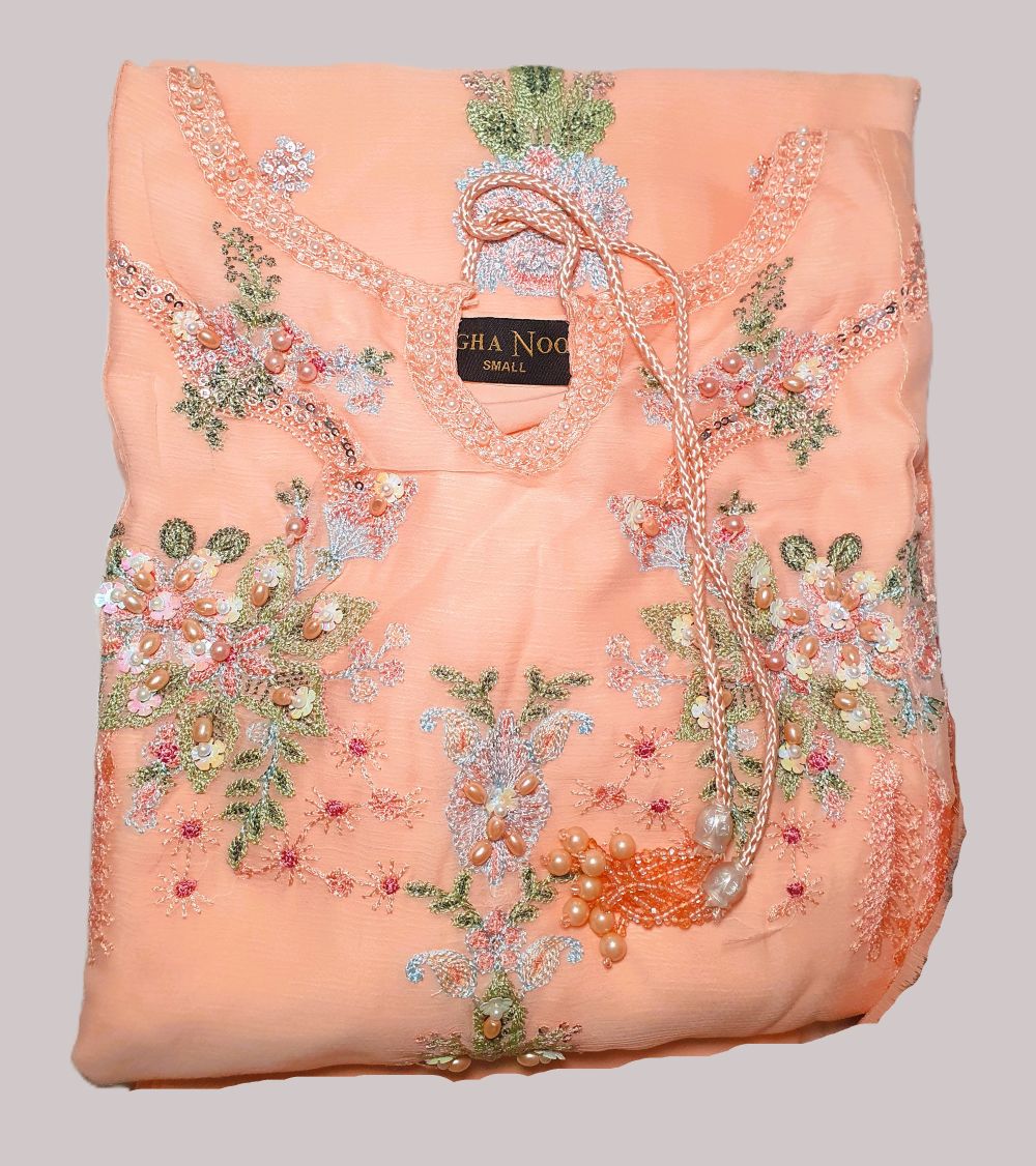 Agha Noor Inspired Peach Embroidered Chiffon Suit – Stitched 3pc-RW3-135