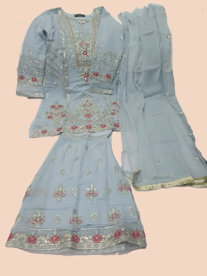 Agha Noor Inspired Blue Embroidered Chiffon Gharara Suit – Stitched 3pc-RW3-174