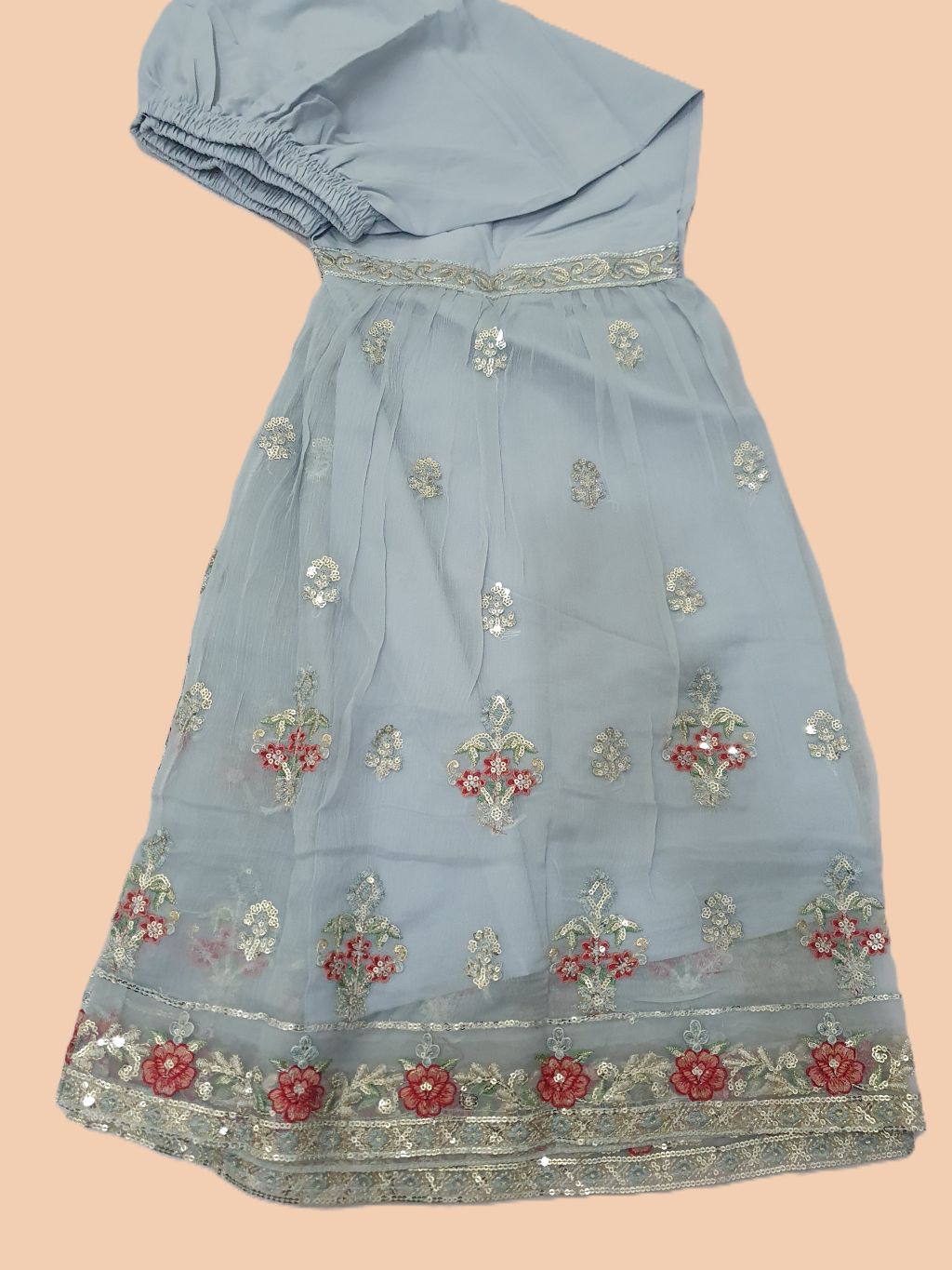 Agha Noor Inspired Blue Embroidered Chiffon Gharara Suit – Stitched 3pc-RW3-174