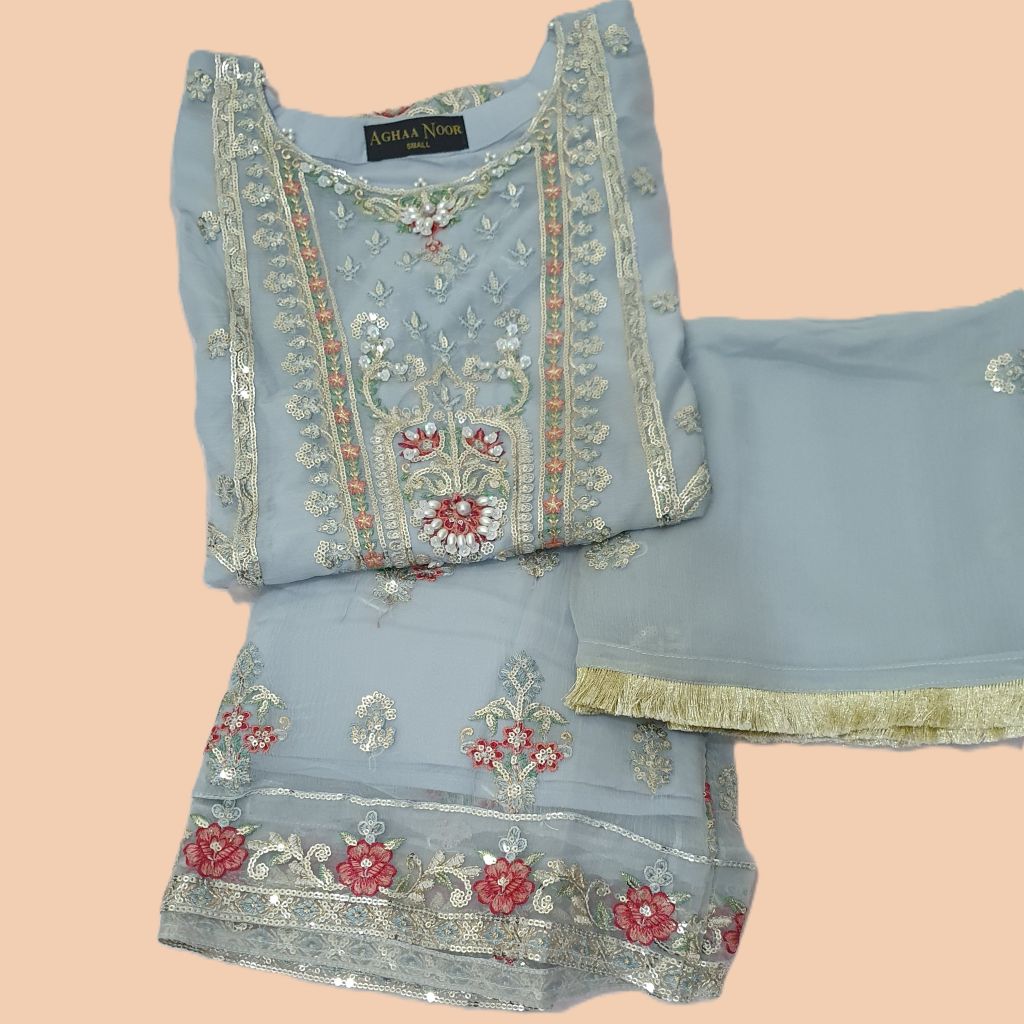 Agha Noor Inspired Blue Embroidered Chiffon Gharara Suit – Stitched 3pc-RW3-174