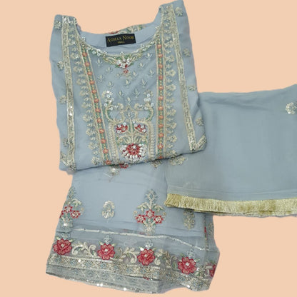 Agha Noor Inspired Blue Embroidered Chiffon Gharara Suit – Stitched 3pc-RW3-174