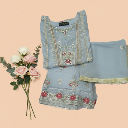 Agha Noor Inspired Blue Embroidered Chiffon Gharara Suit – Stitched 3pc-RW3-174