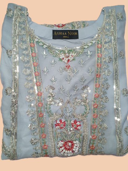 Agha Noor Inspired Blue Embroidered Chiffon Gharara Suit – Stitched 3pc-RW3-174