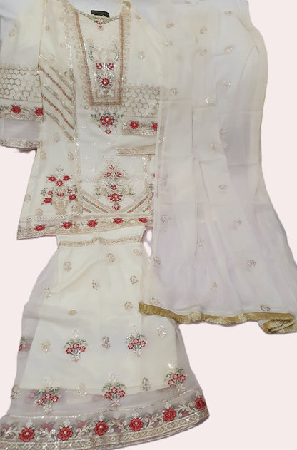 Agha Noor Inspired White Embroidered Chiffon Gharara Suit – Stitched 3pc-RW3-173