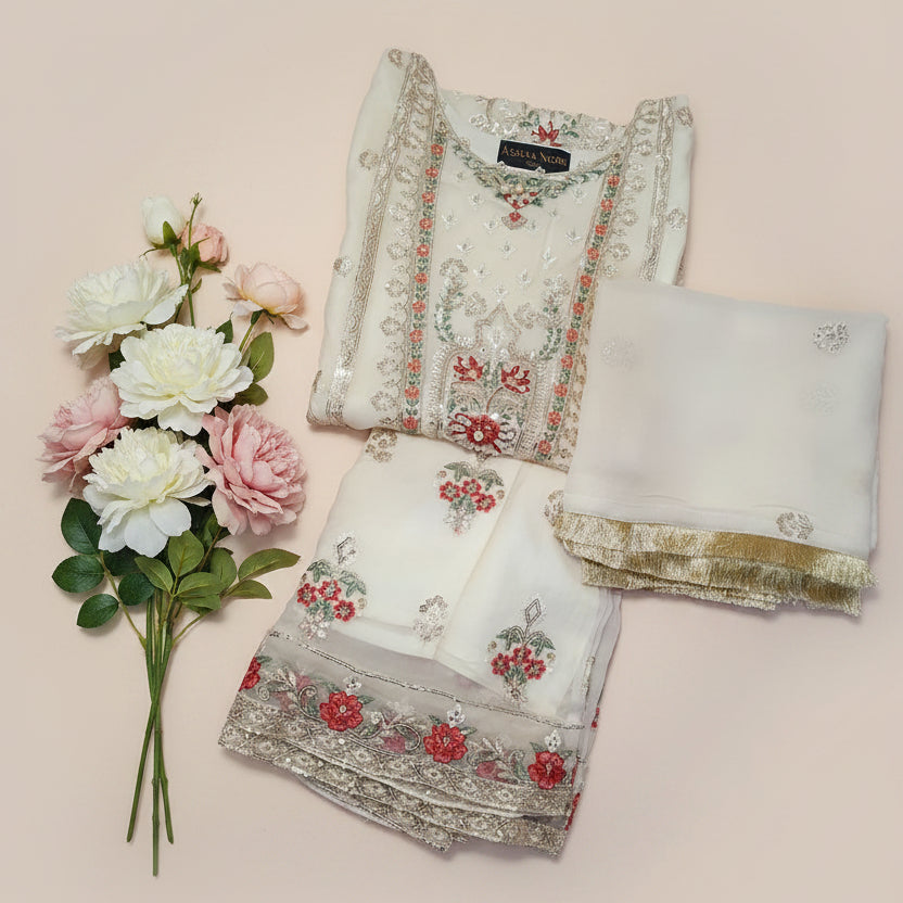Agha Noor Inspired White Embroidered Chiffon Gharara Suit – Stitched 3pc-RW3-173
