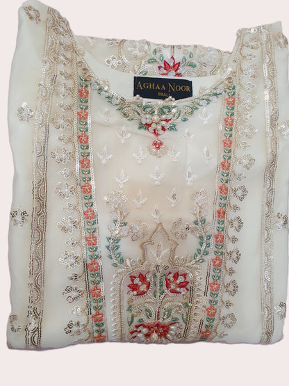 Agha Noor Inspired White Embroidered Chiffon Gharara Suit – Stitched 3pc-RW3-173