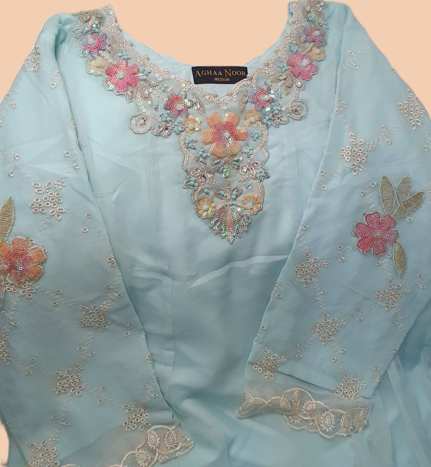 Embroidered Chiffon Blue Maxi – Stitched 3pc-RW3-177