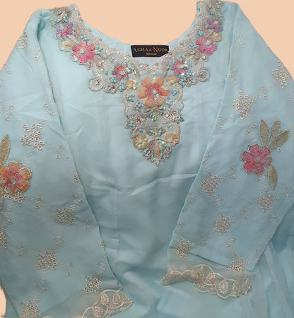 Embroidered Chiffon Blue Maxi – Stitched 3pc-RW3-177
