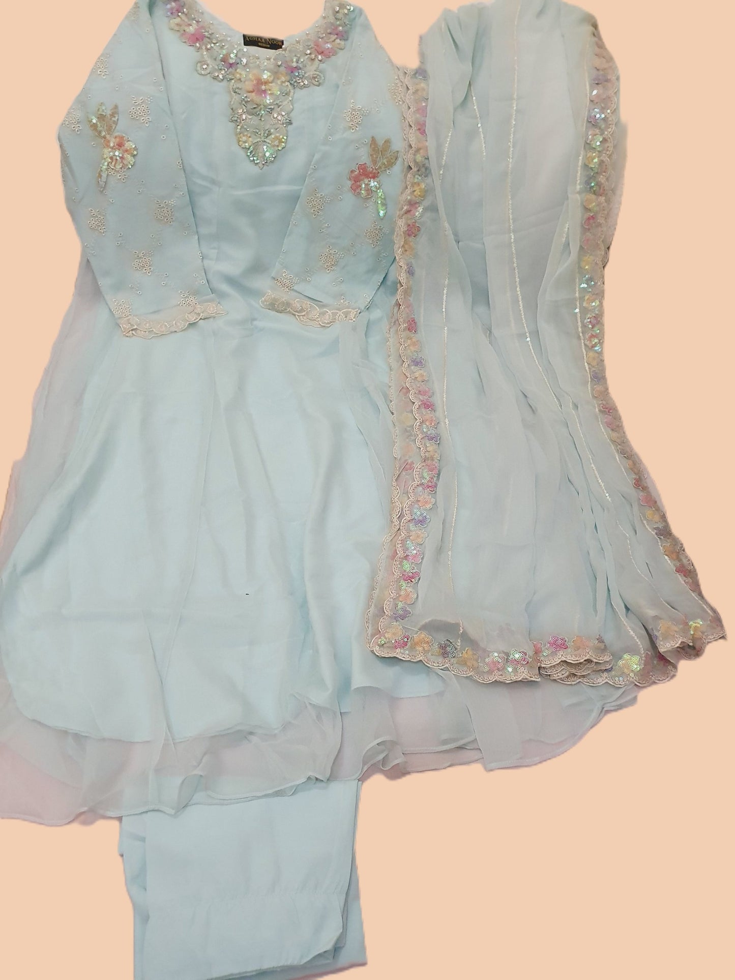 Embroidered Chiffon Blue Maxi – Stitched 3pc-RW3-177