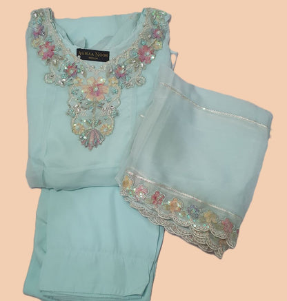 Embroidered Chiffon Blue Maxi – Stitched 3pc-RW3-177