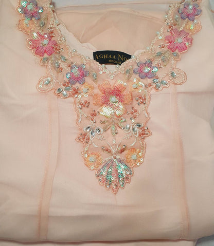 Embroidered Chiffon Peach Pink Maxi – Stitched 3pc-RW3-178