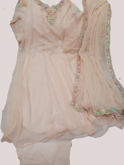 Embroidered Chiffon Peach Pink Maxi – Stitched 3pc-RW3-178