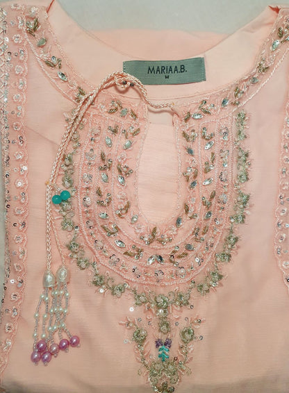 Maria B Inspired Pink Embroidered Chiffon Palazzo Suit – Stitched 3pc-RW3-175
