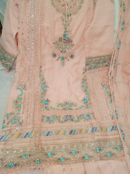 Maria B Inspired Pink Embroidered Chiffon Palazzo Suit – Stitched 3pc-RW3-175