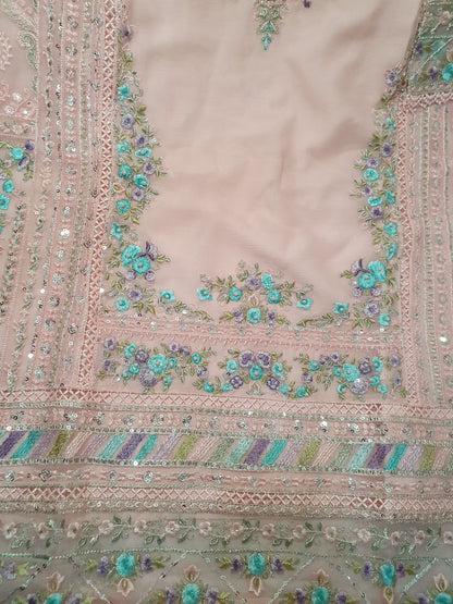 Maria B Inspired Pink Embroidered Chiffon Palazzo Suit – Stitched 3pc-RW3-175