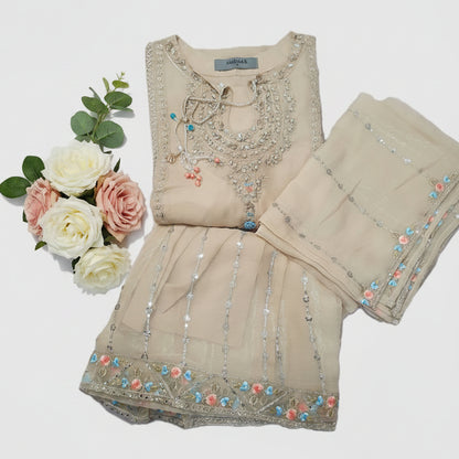 Maria B Inspired Beige  Embroidered Chiffon Palazzo Suit – Stitched 3pc-RW3-176