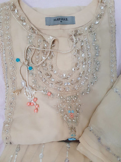 Maria B Inspired Beige  Embroidered Chiffon Palazzo Suit – Stitched 3pc-RW3-176
