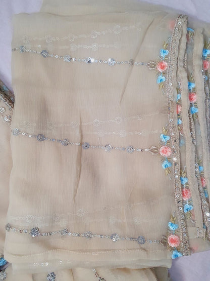 Maria B Inspired Beige  Embroidered Chiffon Palazzo Suit – Stitched 3pc-RW3-176