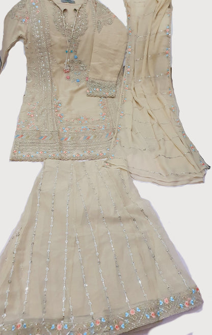 Maria B Inspired Beige  Embroidered Chiffon Palazzo Suit – Stitched 3pc-RW3-176