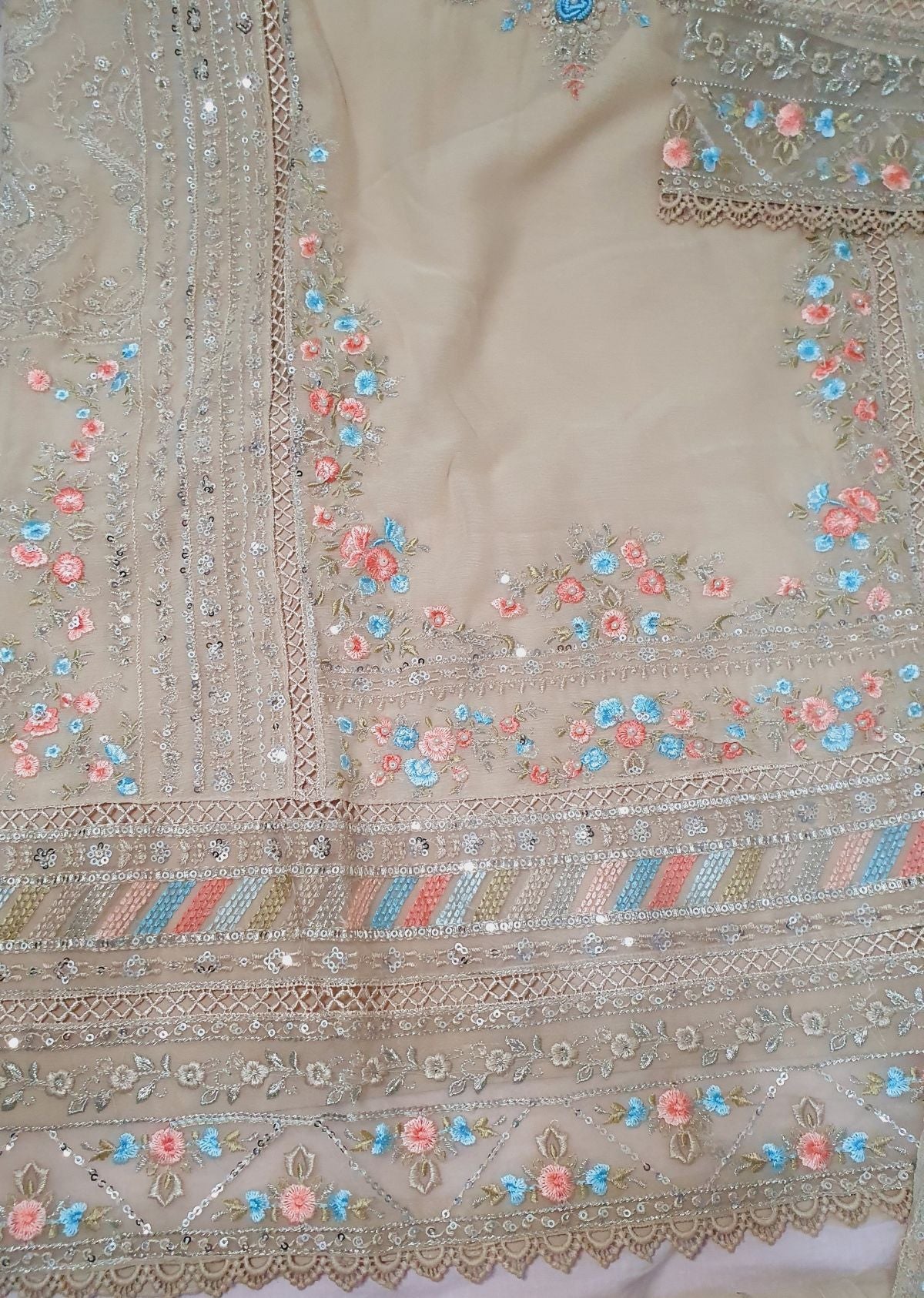 Maria B Inspired Beige  Embroidered Chiffon Palazzo Suit – Stitched 3pc-RW3-176