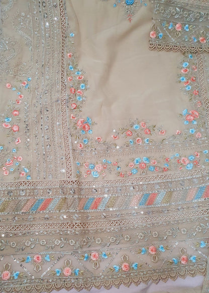 Maria B Inspired Beige  Embroidered Chiffon Palazzo Suit – Stitched 3pc-RW3-176