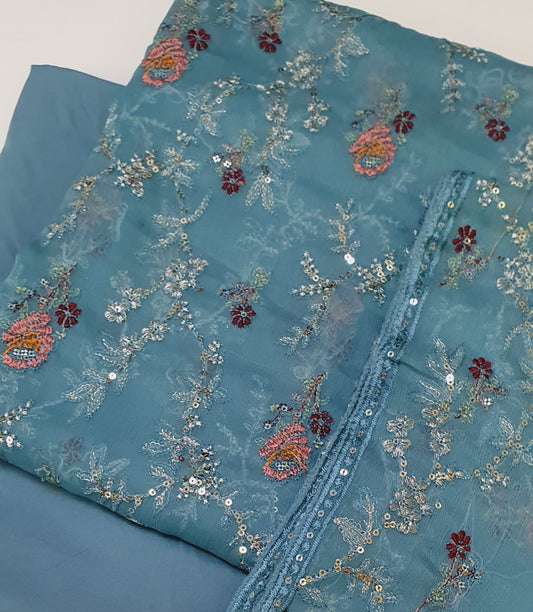 Unstitched Embroidered Blue Chiffon 3pc-UNS-12