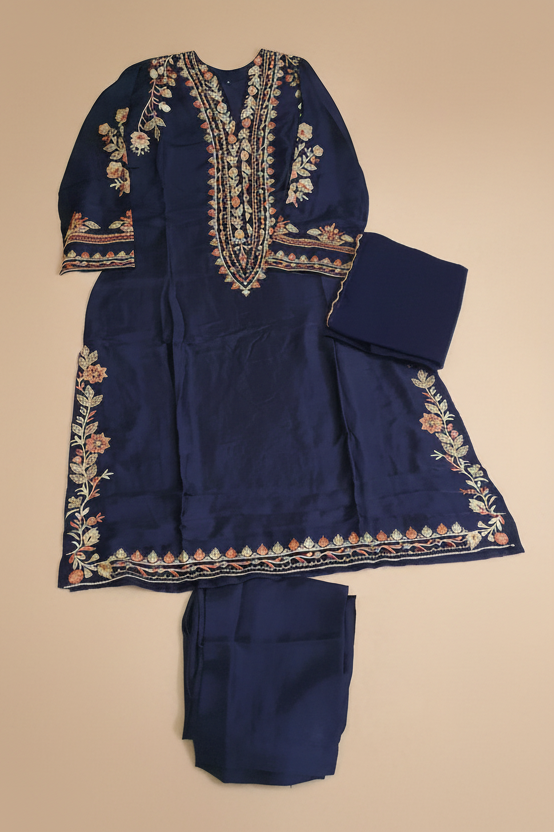 Navy Silk Kaftan – Stitched 3pc-RW3-235
